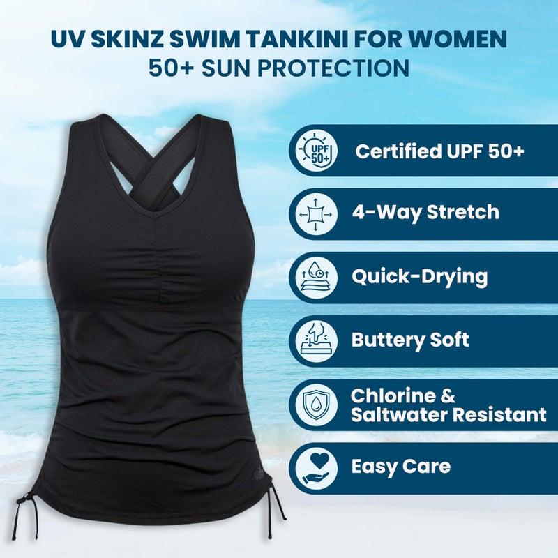 UV SKINZ Women's Swim Tankini â€“ Modest Tankini Top with Built-in Bra Support, UPF 50+ Sun Protection, Flattering Ruched Sides to Conceal Tummy, Comfortable Swimwear for Women - Black - M - Image 2